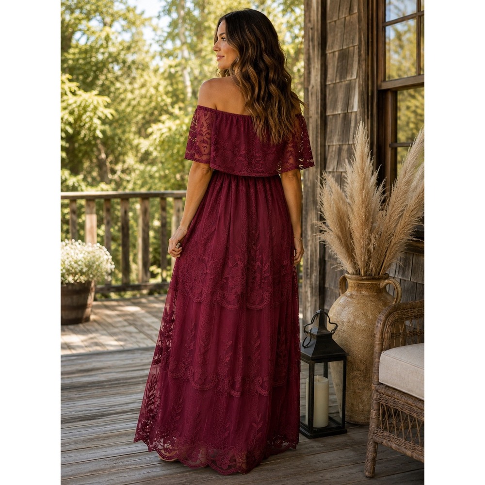 Baltic Born Burgundy Floral Lace Off Shoulder Popover Maxi Dress XL Wine Boho
